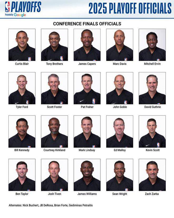 NBA官方公布东西决裁判名单：福斯特+托尼兄弟领衔